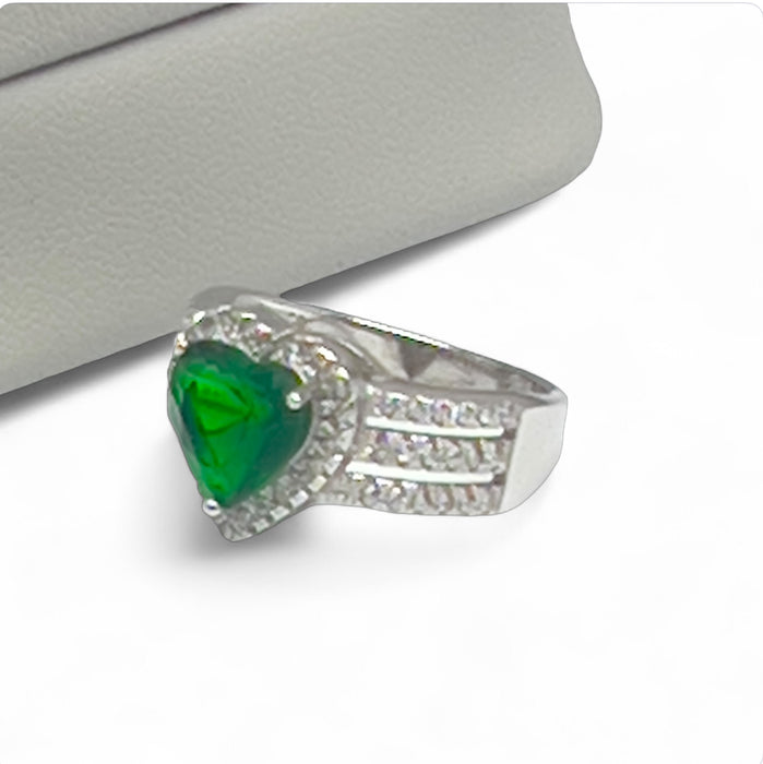 Sterling Silver Emerald Heart CZ Ring-AE-29