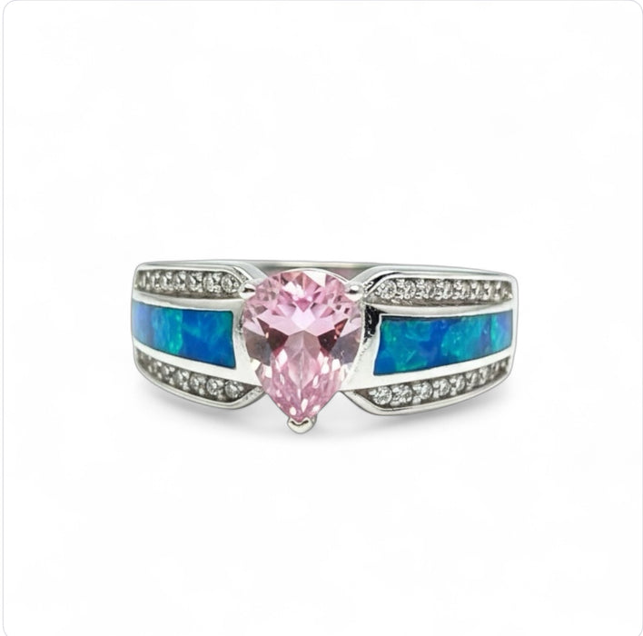 Sterling Silver Brilliant Blue Lab Opal & Pink Pear Cut & Clear CZ Ring  -AE-33