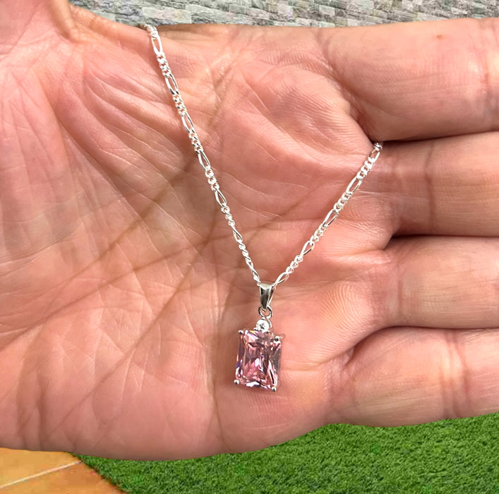 Sterling Silver Rectangular Pink CZ Necklace-SN-15