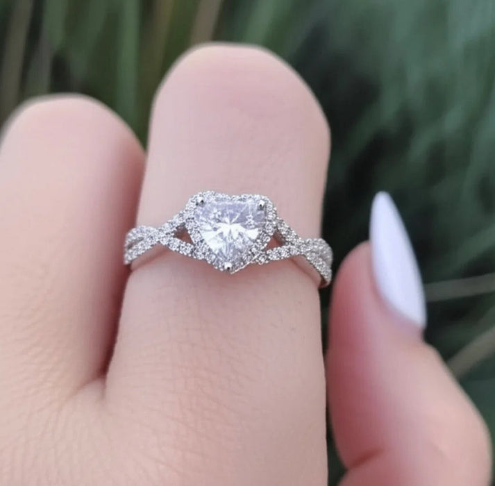 Sterling Silver Heart Halo Twist Clear CZ Ring- ER- 34