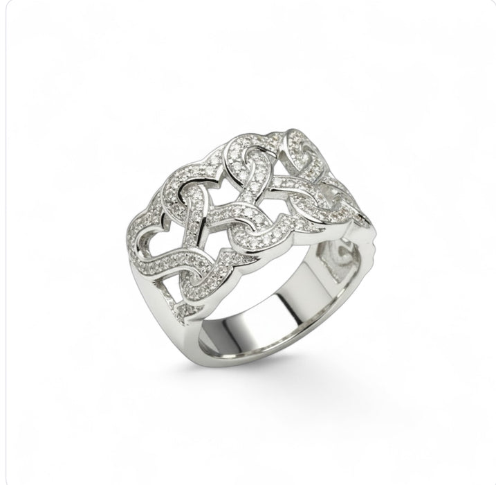 Sterling Silver Intertwined Hearts Pave CZ Ring-AE-36