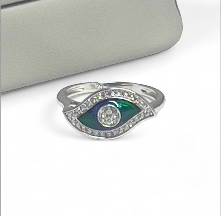 Sterling Silver Hand-Painted Multi-Colored Evil Eye with Clear CZ Ring -AE-94