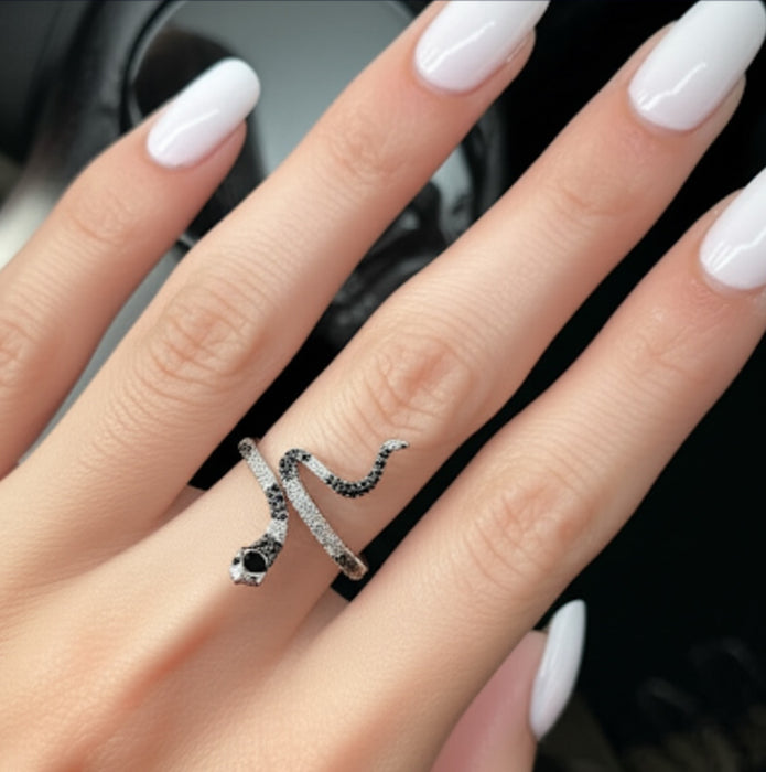 Sterling Silver Two-Tone CZ Snake Shaped Ring-AE-45