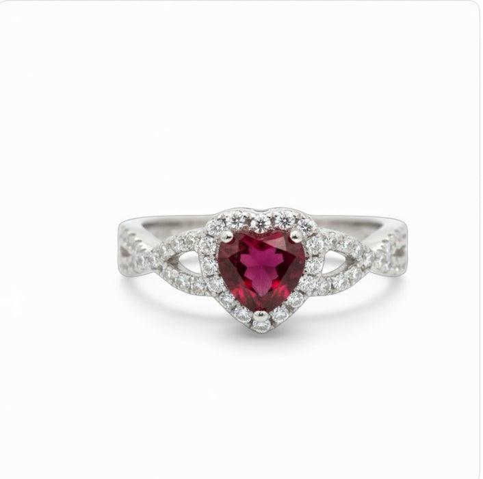 Sterling Silver Heart Halo Twist Garnet CZ Ring-AE-44