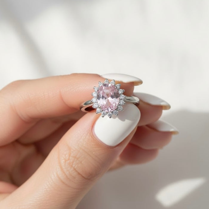 Sterling Silver Pink Oval CZ Ring-AE-61