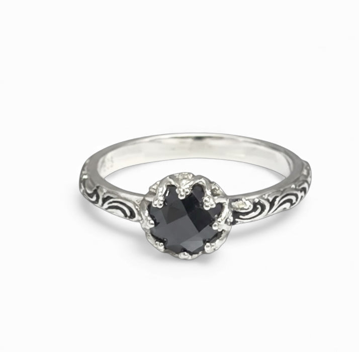 Sterling Silver Floral Black CZ Ring-AE-76