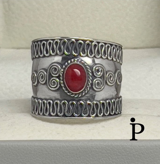 Sterling Silver Bali Style Red Coral Stone Ring-SR-49