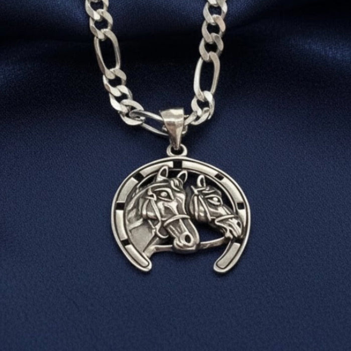 Sterling Silver Horseshoe-Shaped Pendant with Horse Necklace-CN-91