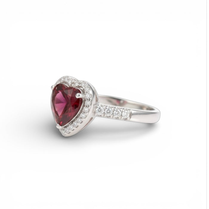 Sterling Silver Garnet Heart Halo CZ Ring-AE-13