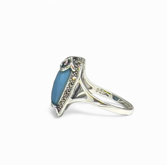 Sterling Silver Pear Shape Simulated Turquoise Marcasite Ring-AE-88
