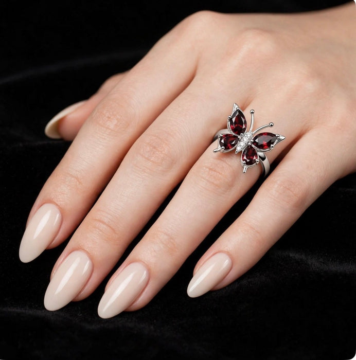 Sterling Silver Large Garnet CZ Butterfly Ring-AE-97