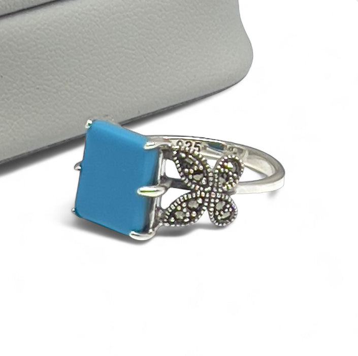 Square Turquoise Butterfly Sterling Silver Ring-AE-68