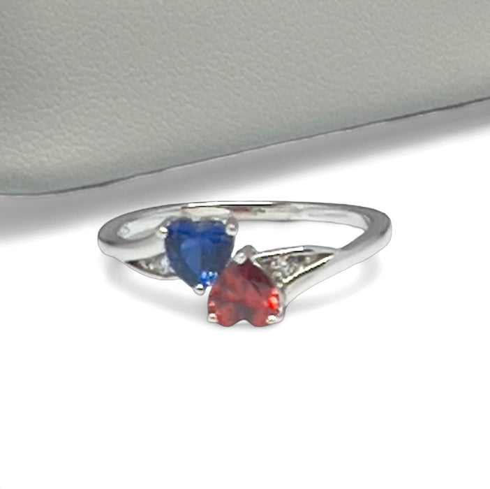 Sterling Silver Double Heart Garnet & Blue Spinnel CZ Ring-AE-15