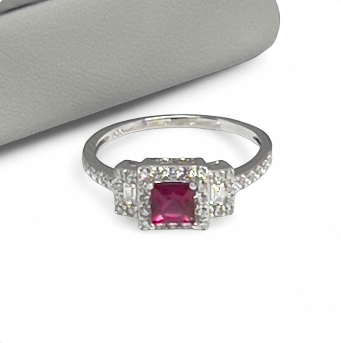 Sterling Silver Rectangular Garnet CZ Ring-AE-08