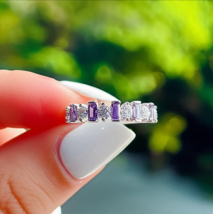 Sterling Silver Baguette Amethyst & White Ring-AE-122