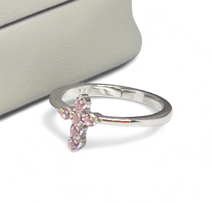 Sterling Silver Cross Pink CZ Ring-AE-82