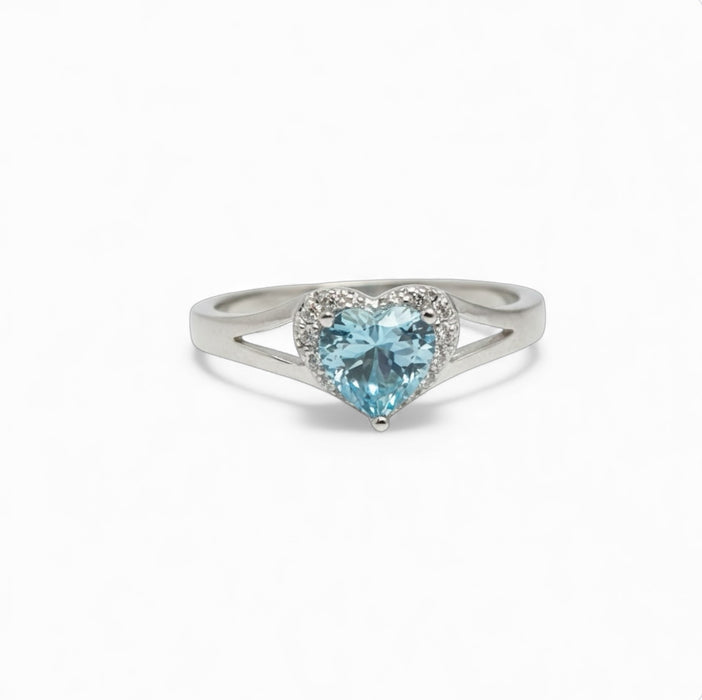 Sterling Silver Heart Aquamarine Cubic Zirconia Ring-AE-95
