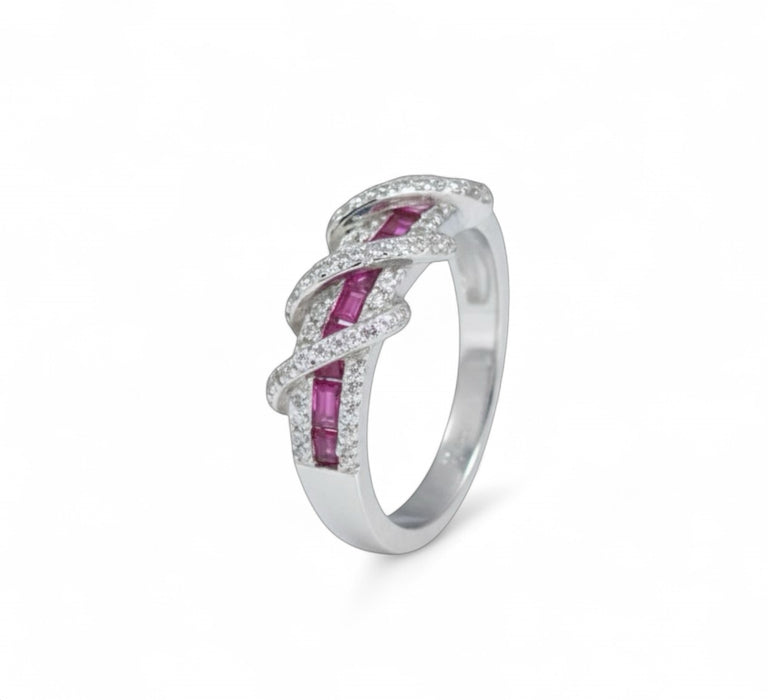 Sterling Silver Elegant Twisted Ruby & Clear CZ Ring-AE-63