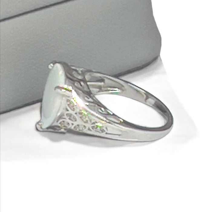 Sterling Silver Plump Pear Shape White Lab Opal Clear CZ Ring-AE-42