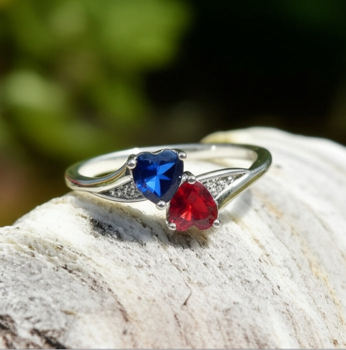 Sterling Silver Double Heart Garnet & Blue Spinnel CZ Ring-AE-15