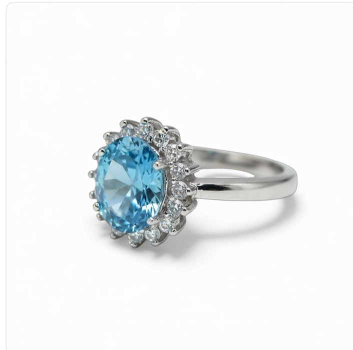 Sterling Silver Oval Aqua Blue CZ Ring-AE-67