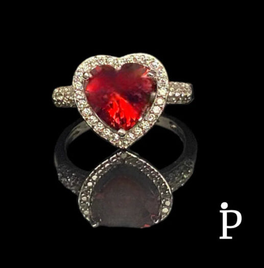 (AE-13) .925 Silver Garnet Heart Cubic Zirconia Ring