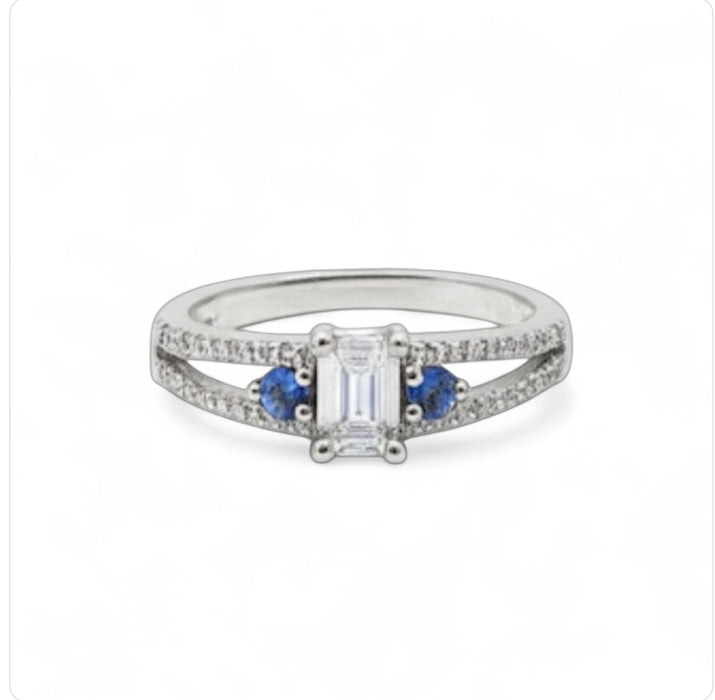 Sterling Silver Clear and Blue CZ Wedding Set Ring ER-124
