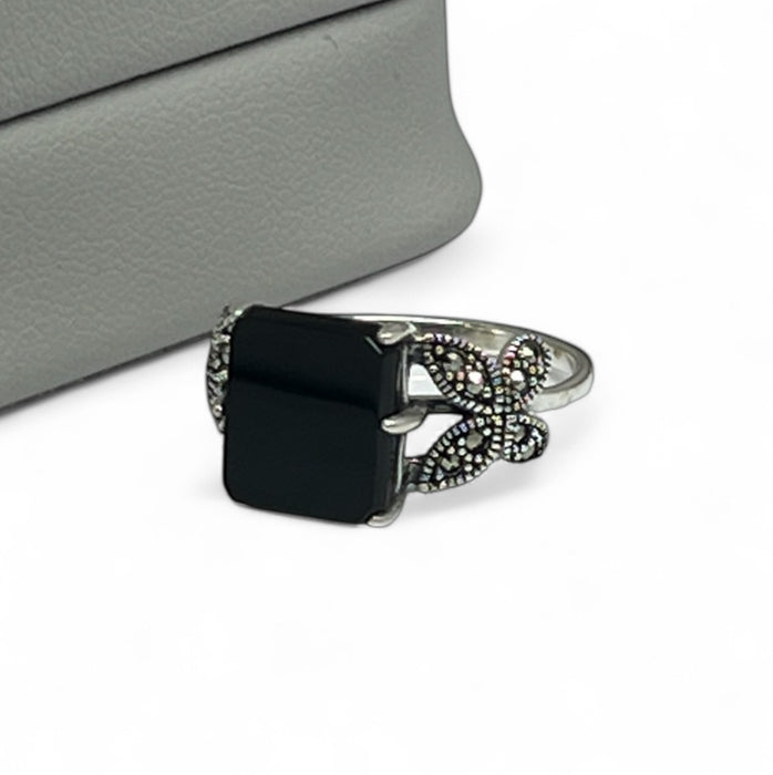 Sterling Silver Black Onyx Square Butterfly Marcasite Ring-AE-58