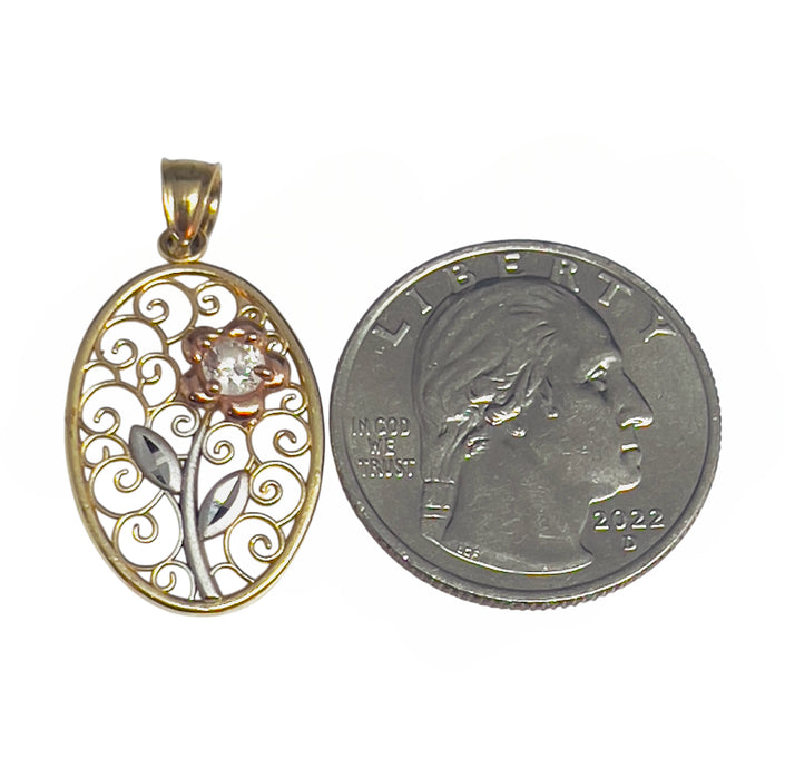 Solid 14K Gold Tri-Color Flower CZ Filigran Pendant-GP-17