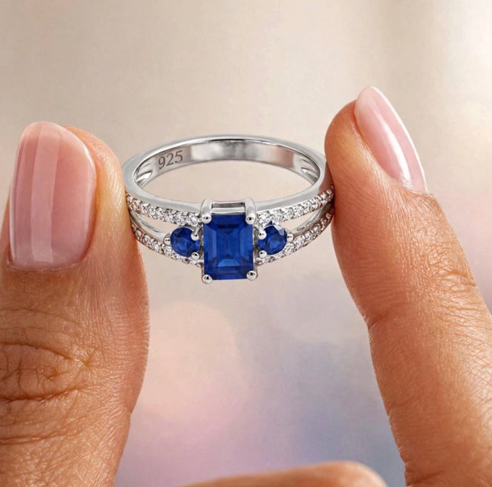 Sterling Silver Radiant Blue CZ Ring Elegance -ER-103