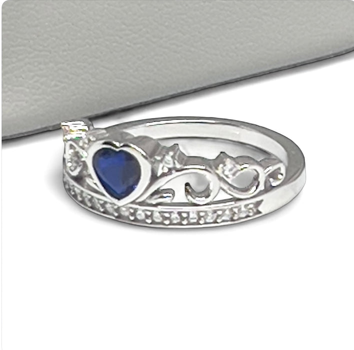 Silver Crown Heart Blue Sapphire CZ Ring-AE-81