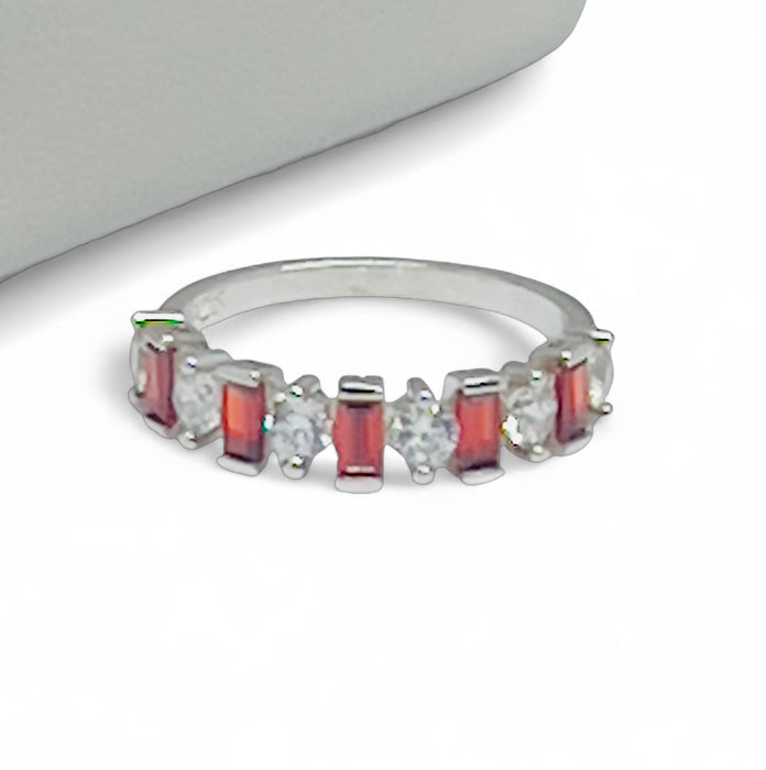 Sterling Silver Round & Baguette Garnet CZ Ring -AE-27