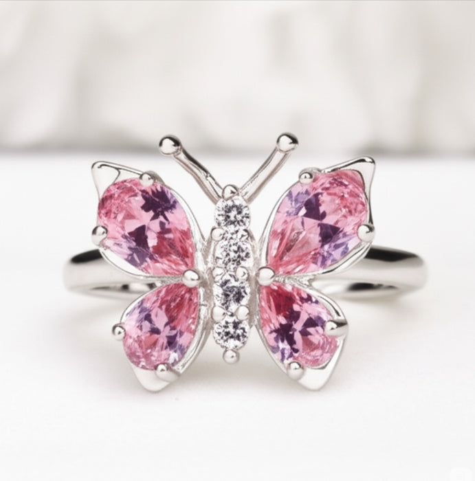 Sterling Silver Large Pink CZ Butterfly Ring-AE-99