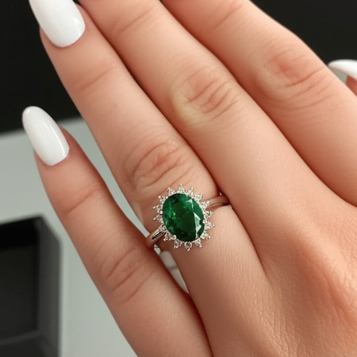 Sterling Silver Green Oval CZ Ring-AE-66