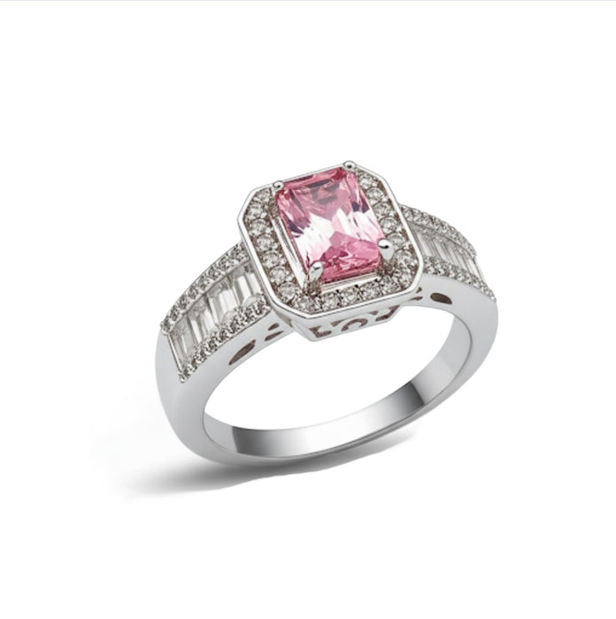 Sterling Silver Emerald Cut Pink Clear CZ Ring-AE-72