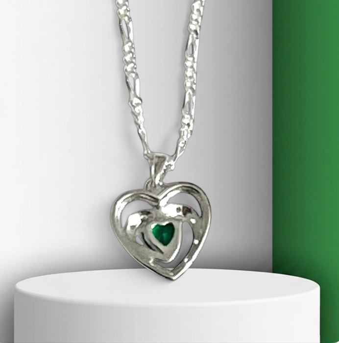 Sterling Silver Precious Heart Emerald CZ Necklace-SN-12