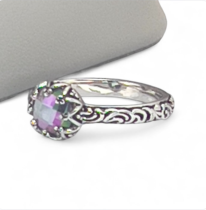 Sterling Silver Floral Rainbow Topaz CZ Ring-AE-79