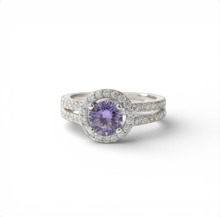 Sterling Silver Round Amethyst Halo CZ Ring-AE-107