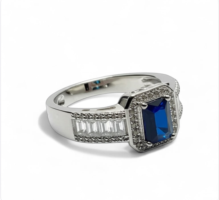 Sterling Silver Emerald Cut Blue Sapphire Clear CZ Ring-ER-75