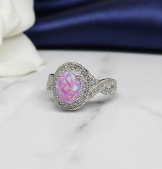 Sterling Silver Oval Lab Opal Pink CZ Ring-CL-01