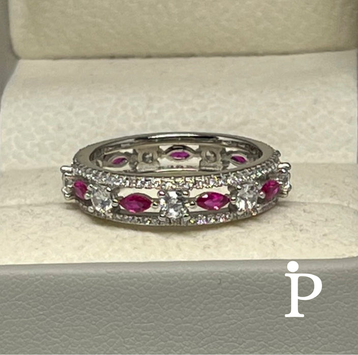 Sterling Silver Modern Eternity Wedding Ring with Simulated Ruby-AE-120