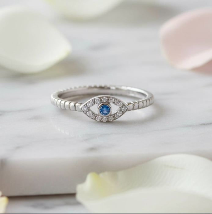 Sterling Silver Aqua Blue Stone Evil Eye CZ Ring-AE-53