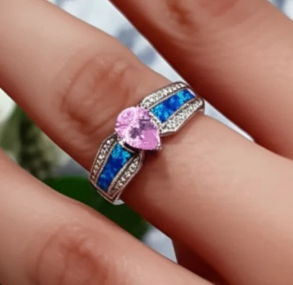 Sterling Silver Brilliant Blue Lab Opal & Pink Pear Cut & Clear CZ Ring  -AE-33