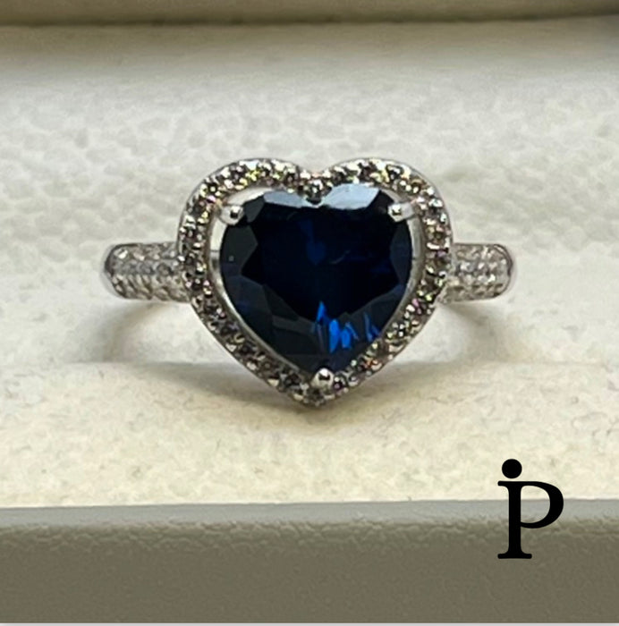 Sterling Silver Blue Sapphire Heart Halo CZ Ring -AE-49