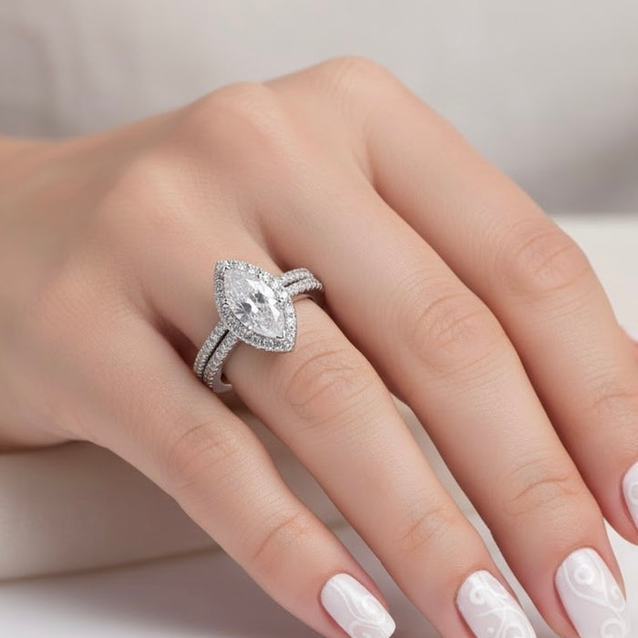 Sterling Silver CZ Marquise Halo Engagement Ring Set-ER-173