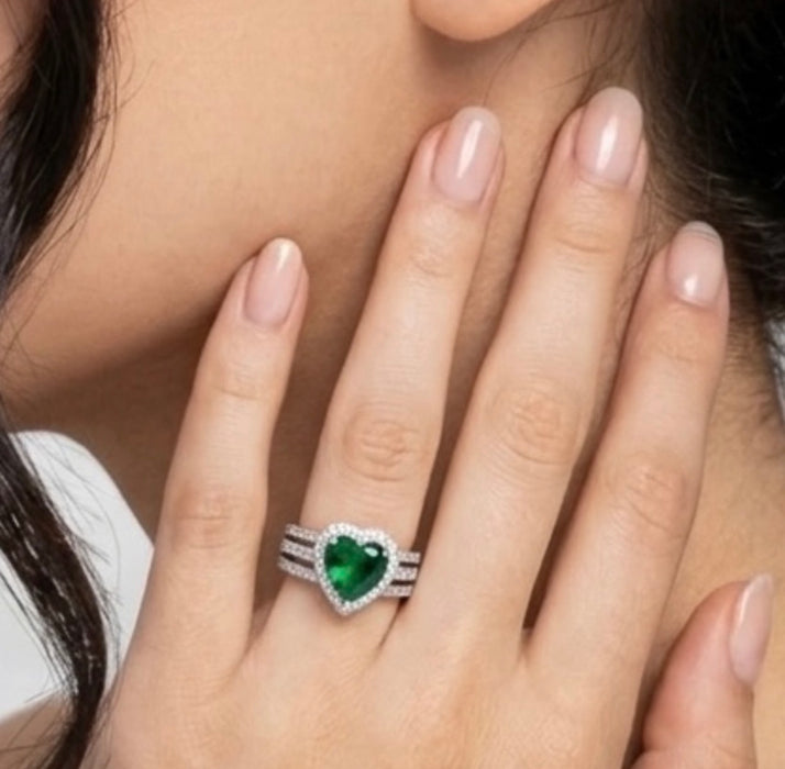 Sterling Silver Emerald Heart CZ Ring-AE-29