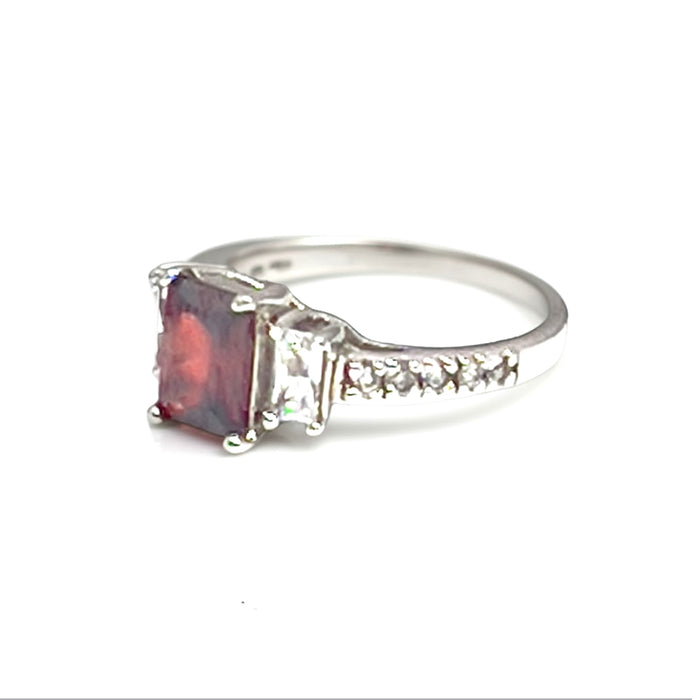 Sterling Silver Rectangular Cut Garnet CZ Ring-AE-03