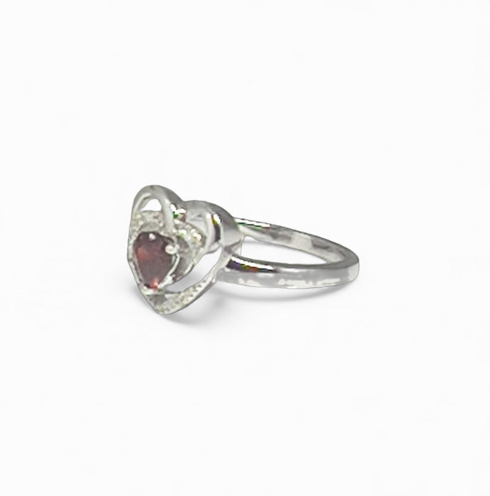 Sterling Silver Precious Heart Garnet CZ Ring-AE-55