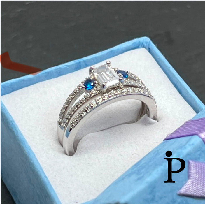 Sterling Silver Blue and Clear Cubic Zirconia Wedding Rings-ER-124