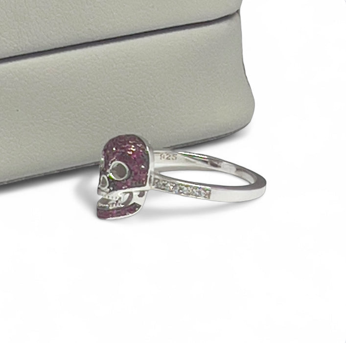 Sterling Silver Black Rhodium Two Tone Ruby CZ Skull Ring-AE-96